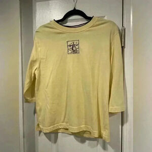 AW Sport Navy Blue Embroidered Sailboat Yellow 3/4 Sleeve Crew Neck Tee Size L